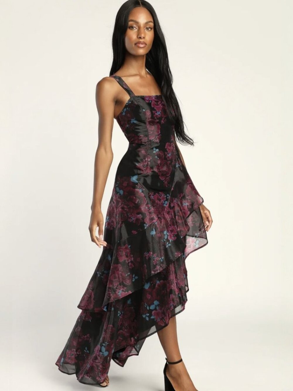 Lulus Extravaganza Energy Black Floral Print Organza High-Low Dress​ NWT - Picture 2 of 9